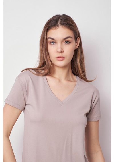 Jument Kadın V Yaka Kısa Kol Likralı Kumaş Şık T-shirt Bluz-gri Gri