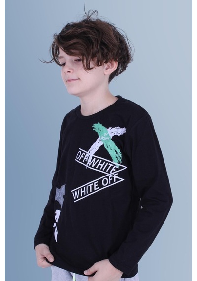 Panios Kids X Baskılı Uzun Kollu Erkek Çocuk Siyah Sweatshirt Siyah