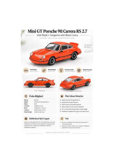Mini Gt Porsche 911 Carrera Rs 2.7 1/64 Tangerine Siyah Livery Koleksiyon Model Araba 6,5 Cm