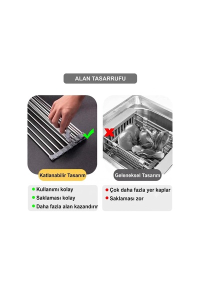 Katlanabilir Evye Üstü Bulaşık Kurutmalık Süzgeç 47x29 Cm - Paslanmaz Çelik & Isıya Dayanıklı Silikon Rulo Diğer