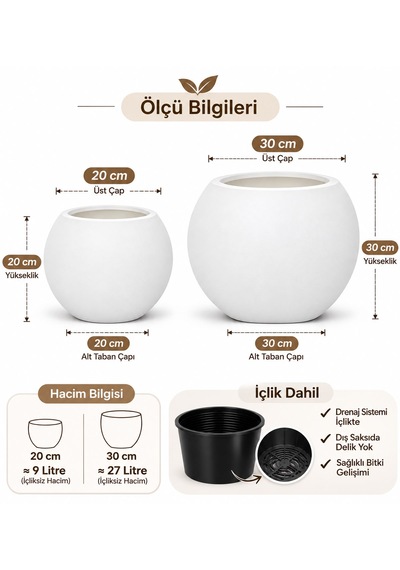 2 Li Küresel Saksı Seti Beyaz 20 Cm Ve 30 Cm Dekoratif Saksı, Siyah İçlikli, Modern Yuvarlak Saksı Takımı -