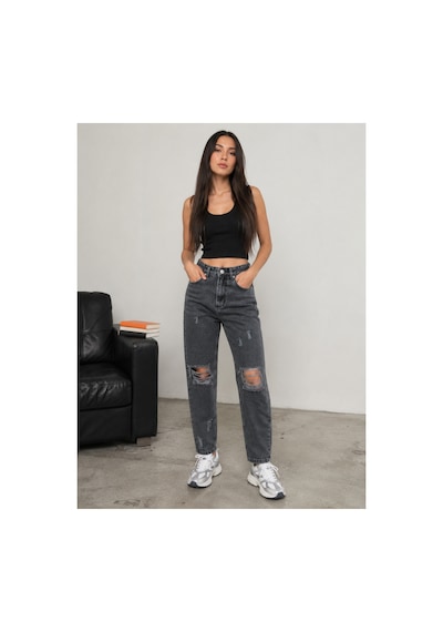Bluemarlin Yüksek Bel Tam Kalıp Diz Lazer Yırtık Kar Siyah Mom Kot Pantolon Jeans Kar Siyah