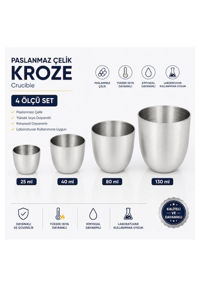 Paslanmaz Çelik Kroze - Crucible - 4 Ölçü Set
