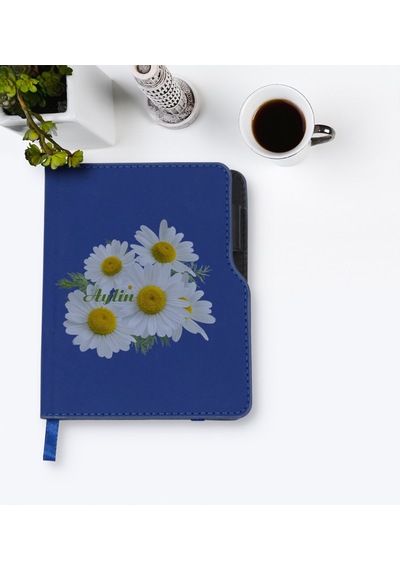 Kişiye Özel Papatya Temalı Lacivert Termo Deri Defter-12