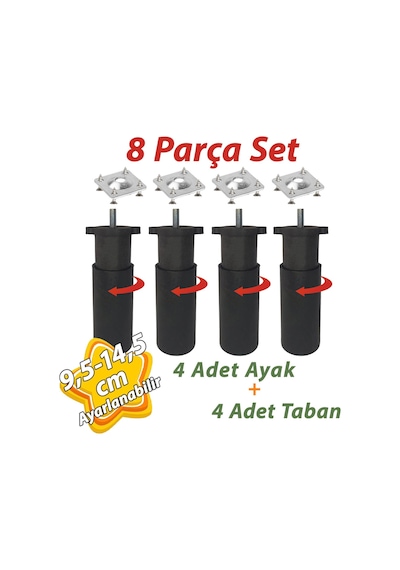 4 Adet Destek Ayağı 9,5-14,5 Cm Siyah Ve 4 Adet Metal Düz Ayak Tabanı M8 Civatalı İnce Diş Mobilya Kanepe Baza Koltuk Seti