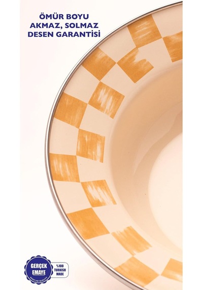 Beige Dama Desenli Emaye Çukur Makarna Ve Salata Tabağı 24cm Çok renkli