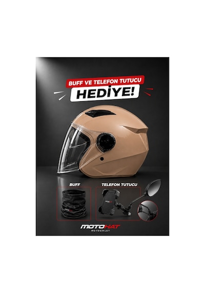 Güneş Vizörlü Kask - Telefon Tutucu Ve Buff  Krem