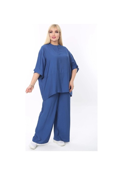 Mia Butik Büyük Beden Mavi Yuvarlak Yaka Salaş Takım Mavi