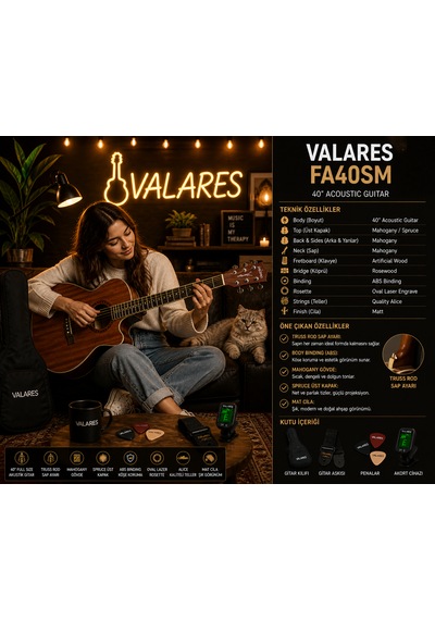 Valares Fa40mg / Fa40sm 40 Akustik Gitar Maun & Ladin Gövde Mat Yüzey Kaliteli Teller Orta Seviye Natural