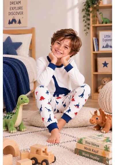 Koza İç Giyim Erkek Çocuk Pamuklu Baskılı Uzun Kollu Uzun Alt Pijama Takımı Kc30104 Lacivert - Beyaz