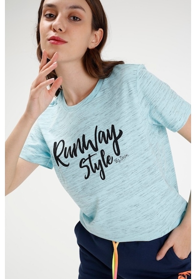 Brz Collection Mavi Renk Siyah Kırçıllı Kadın Kısa Kollu T-Shirt Mavi
