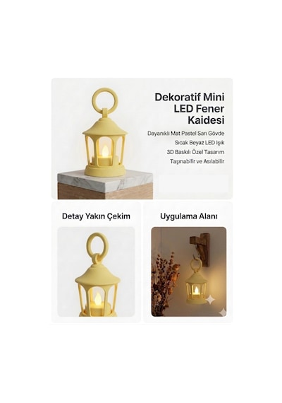 Dekoratif Fener Mini Kaide Led Mumlu Modern Masaüstü Aydınlatma - Otantik Ortam Aydınlatması - Sarı