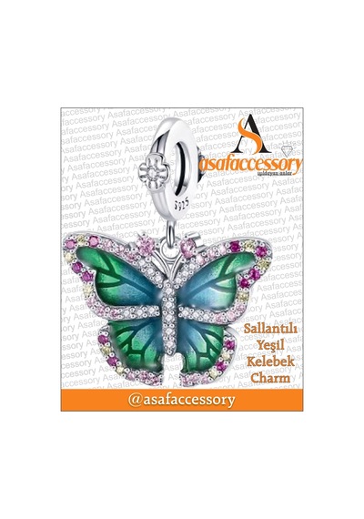 Sallantılı Yeşil Kelebek Charm Asafaccessory Gümüş