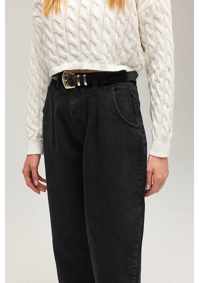 Sââde Kadın Yüksek Bel Relaxed Fit Mom Jean Pantolon - Pileli Siyah
