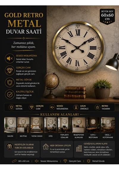 60 Cm Gold Metal Dekoratif Roma Rakamlı Duvar Saati Retro Metal Roma Rakamlı