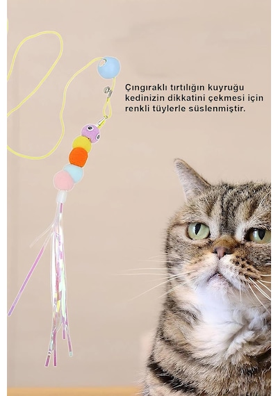 Tırtıl Kedi Oyuncağı, Kendinden Yapışkanlı, Zilli, Elastik İpli, Asılı Kedi Oyuncağı