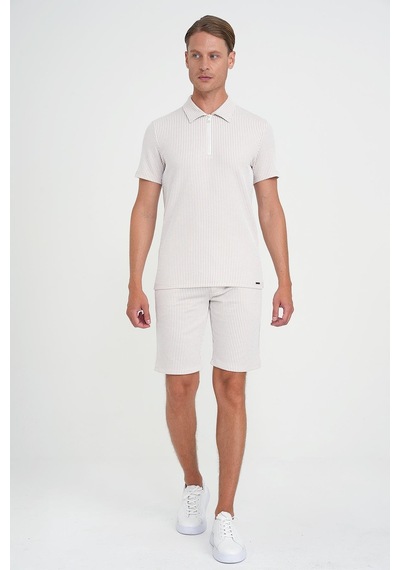 Efor Comfort Fit Fermuarlı Polo Yaka Dikine Çizgili Kısa Kol Bej Tişört Ts 906 Bej