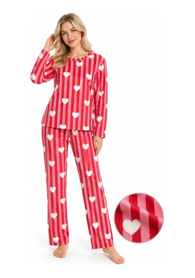 Sleeeproom Kadın Süet Mevsimlik Çizgili Kalp Desen Pijama Takımı Kırmızı Kalpli