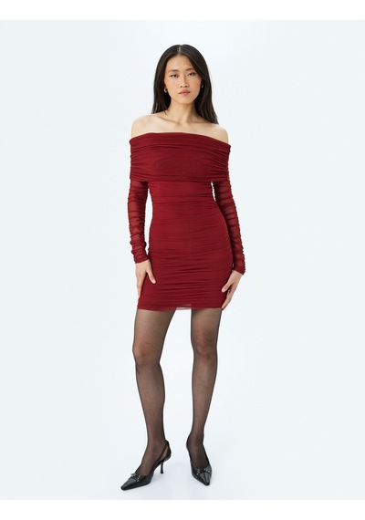 Koton Madonna Yaka Drapeli Uzun Kollu Slim Fit Tül Bodycon Elbise Bordo 5wak80100fk Bordo