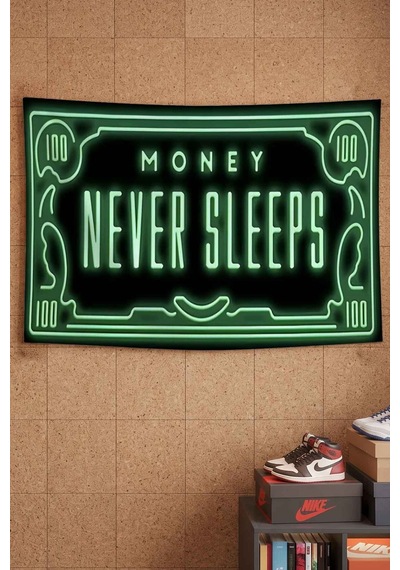 Money Never Sleeps Yeşil Neon Para Temalı Dekoratif Duvar Örtüsü Duvar Halısı Beyaz
