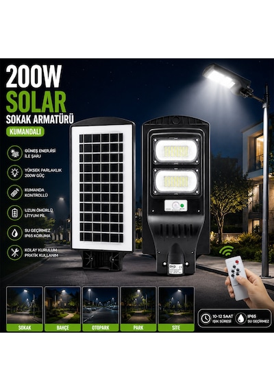 200w - 6500k Solar - Güneş Enerjili Sokak Lambası - Armatür Sensörlü Bahçe-balkon-sokak Ars-348965 Diğer