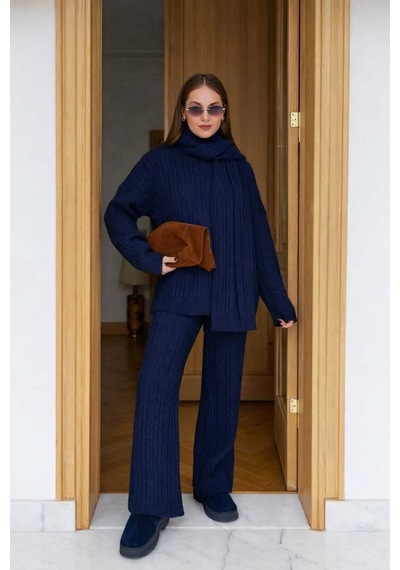 Meecy Kadın Triko Pantolon Takım Oversize Saç Örgülü Lacivert Lacivert