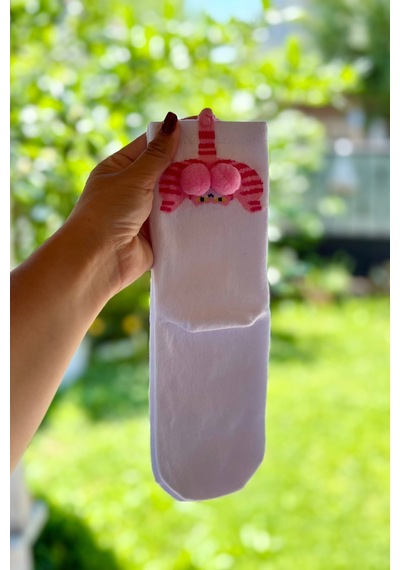 Lousocks Unisex Beyaz Kedi Desenli Ponpon Soket Çorap