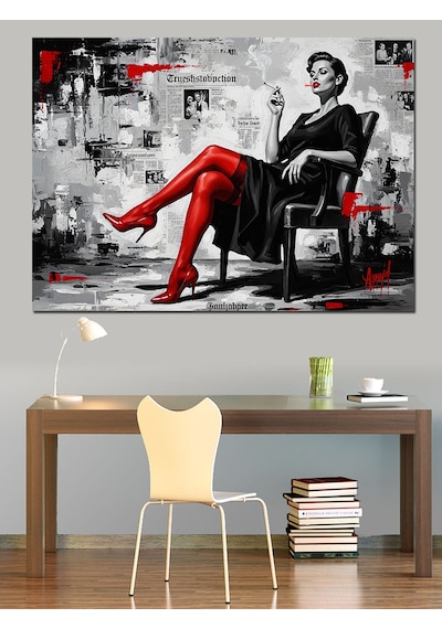 Siyah Beyaz Ve Kırmızı Modern Sanat Detaylı Karizmatik Kadın Dekoratif Kanvas - Mdf Ahşap Tablo