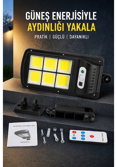 Hareket Sensörlü Solar Duvar Lambası 6 Cob Led 3 Modlu Uzaktan Kumandalı Bahçe Dış Mekan Aydınlatma