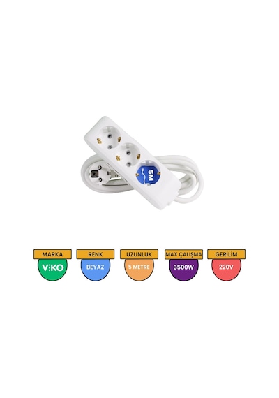 Viko Multi-let 3'lü Grup Priz Topraklı Çocuk Korumalı 5 Metre Beyaz - 90113305