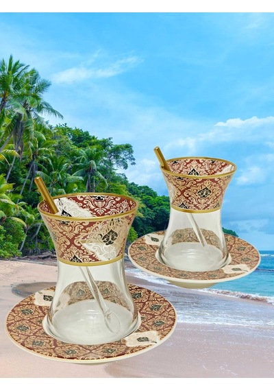 Altın Bordo Desen Işlemeli 6 Kişilik Cam Porselen Çay Seti Tea Set For 6 Persons Premium Porcelain Diğer