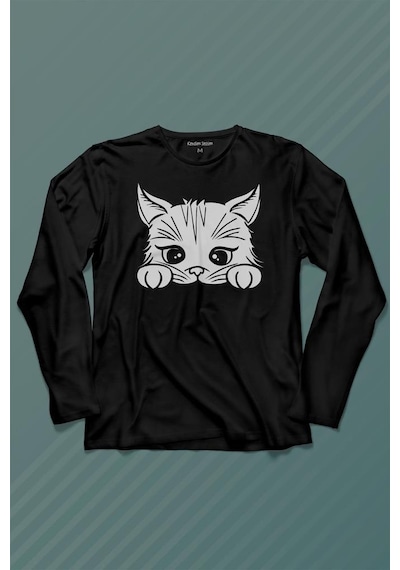 Sevimli Kedi Minik Patili Bıyıklı Cat Minnoş Uzun Kollu Tişört Baskılı T-shirt 001