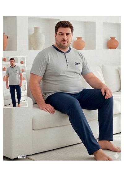 Miressa Erkek Büyük Beden Pijama Takımı Gri - Lacivert