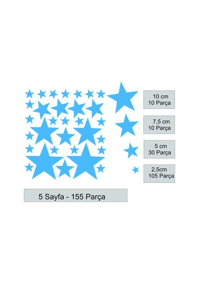 Yıldız Duvar Sticker - 2,5 - 5 - 7,5 - 10cm Karışık Ebatlarda - 155 Adet Mavi