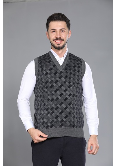Kzc Tekstil Erkek Baba Ve Orta Yaş Desenli Akrilik Kalın Dokulu V Yaka Triko Süveter Gri
