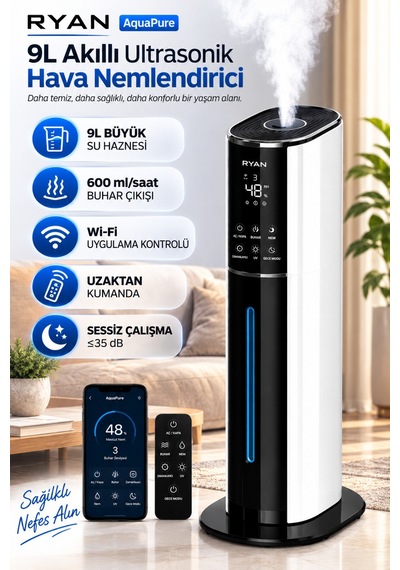 Ultrasonik Hava Nemlendirici 9l Akıllı Buhar Makinesi Nem Sensörlü Aromaterapi Aquapure