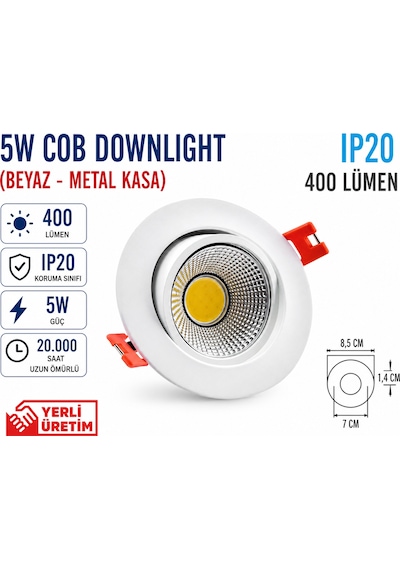 Lampist 5w Metal, Beyaz Kasa Cob Downlıght 3000k Krom