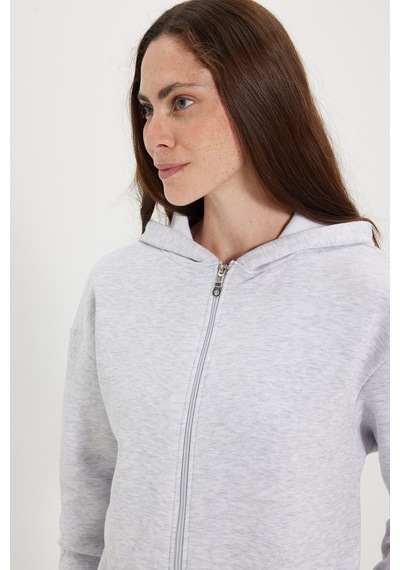 Tudors Kadın Oversize Geniş Kesim %100 Pamuk Kapüşonlu Fermuarlı Cepli Gri Sweatshirt-52773