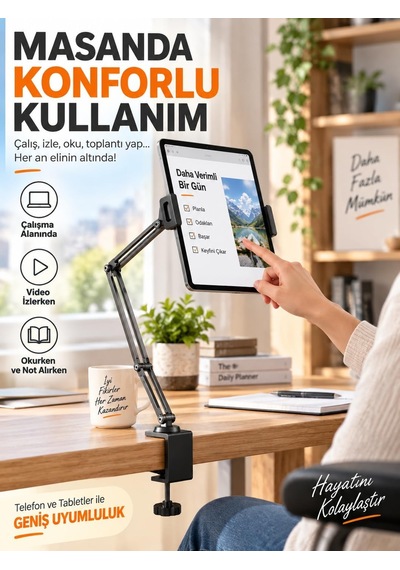 Tr 360 Döner Başlıklı Katlanabilir Ayarlanabilir Masa Kenarı Bağlantılı Metal Kollu Telefon Ve Tablet Tutucu S Genel