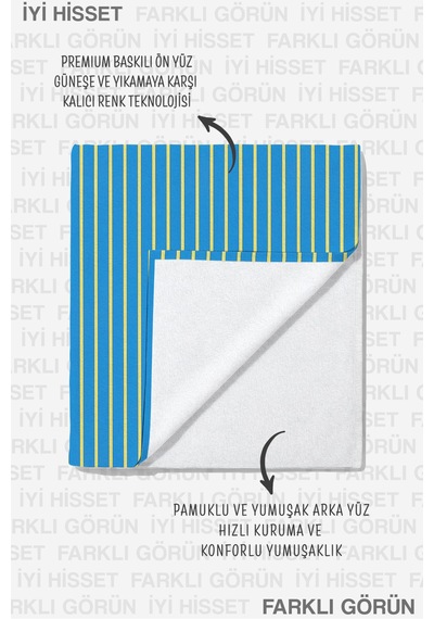 Çizgili Mavi Yaz Temalı Plaj Havlusu - Modern Akdeniz Sarı Kırmızı Hızlı Kuruyan Mikrofiber Havlu Uçuk Bulut