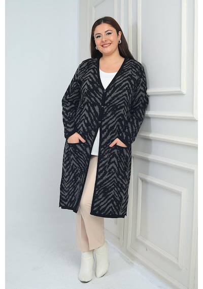 By Saygı Kadın Zebra Desenli Cepli Büyük Beden Triko Uzun Hırka-41901 Siyah-gri