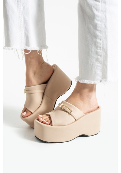 Dabab Shoes Lunara Kadın Bej Kumaş 10 Cm Platform Topuk Tokalı Kalın Taban Terlik Sandalet