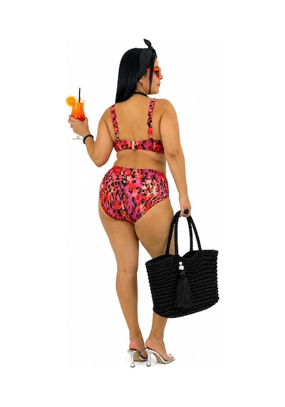 Büyük Beden Bağcık Detaylı Leopar Desenli Yüksek Bel Kadın Bikini Takımı