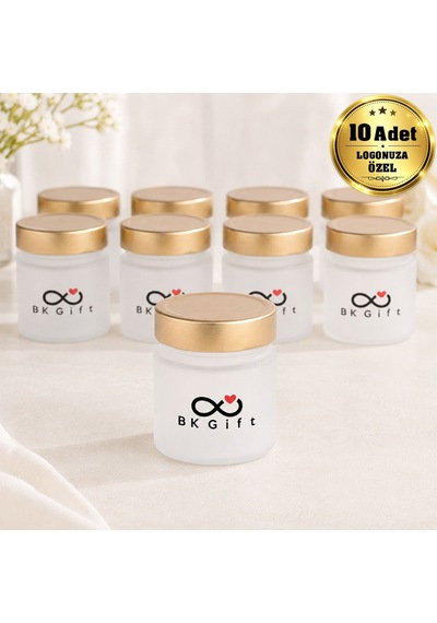 Logonuza Özel 10 Adet Gold Kapaklı Mason Buzlu Cam Kavanoz 300 Ml Baskılı Set
