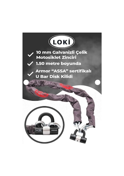 Armor Loki 810 10 Mm Kalınlık 1.50 Metre Motosiklet Scooter Zincir Kilit Armor Disk Kilidi U Bar
