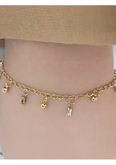Zirkon Taşlı Halhal Sallantılı Gold Renkli Halhal Altın