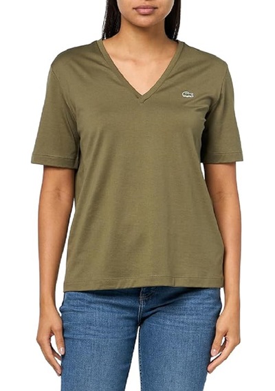 Lacoste V Yaka Organik Pamuk Bayan T-shirt Haki