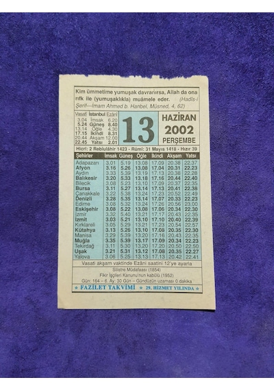 13 Haziran 2002 Takvim Yaprağı - Nostalji Koleksiyonluk Takvim Yaprağı