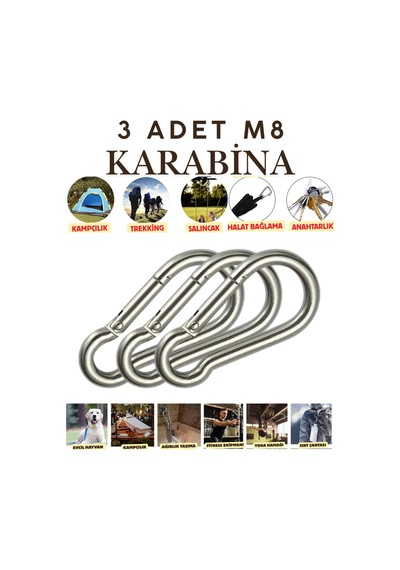 3 Adet 8 Mm Karabina Paslanmaz Çelik Karabina Kamp Ekipmanı Tırmanma Dağcılık Salıncak Hamak Askı Gümüş Gümüş