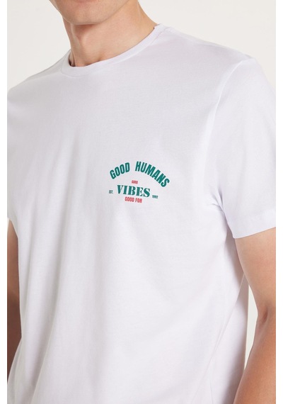 Tudors Erkek Slim Fit Dar Kesim %100 Pamuk Yumuşak Dokulu Baskılı Beyaz Bisiklet Yaka Tişört-34776 Beyaz